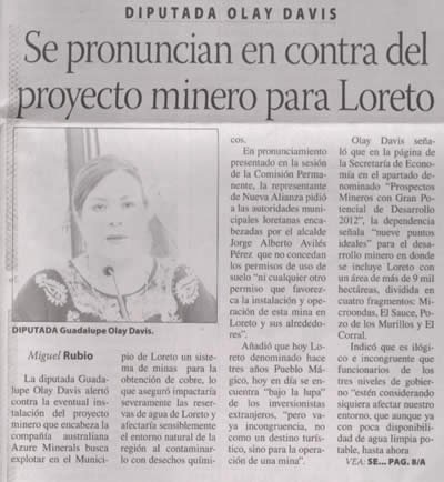 Diputada Guadalupe Olay Davis se pronuncia en contra del proyecto minero para Loreto (jul-2015)