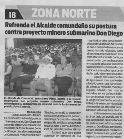 Refrenda el alcalde comundeño su postura vs proyecto minero submarino Don Diego (nov-2014)